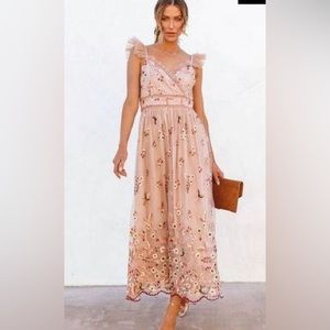 Just Me Vici Helena Tulle Floral Embroidered Ruffle Maxi Dress